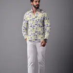 Men's Sanganeri Antique White Hunting Styled Elephant Printed Shirt | Regal Outdoor Wear